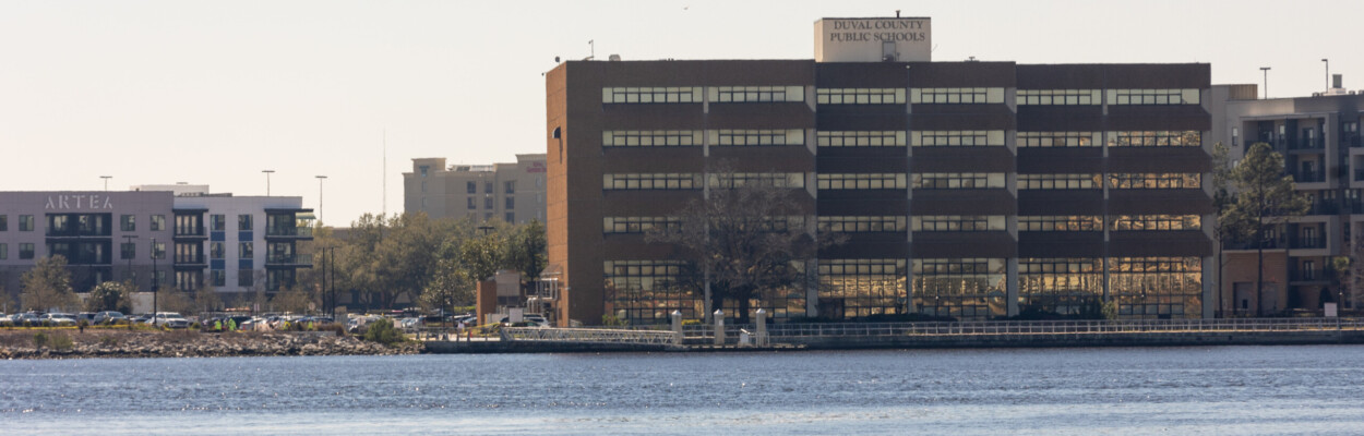 The Duval Schools building as seen from across the St. Johns River