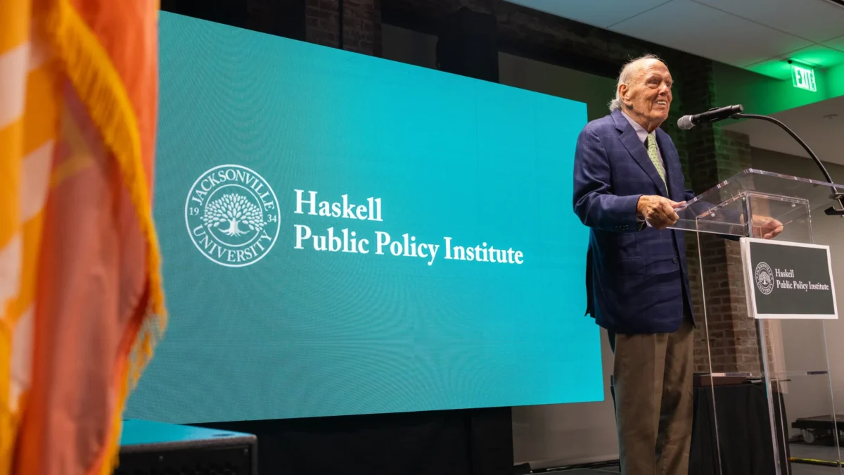 Preston Haskell speaks at Jacksonville University.