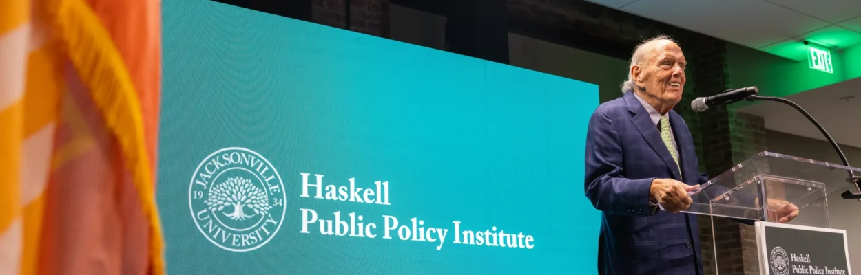 Preston Haskell speaks at Jacksonville University.