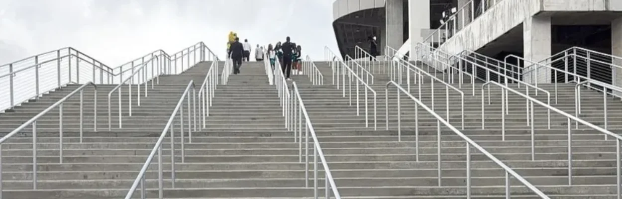 Lookoing up at the new grand staircase at EverBank Stadium.