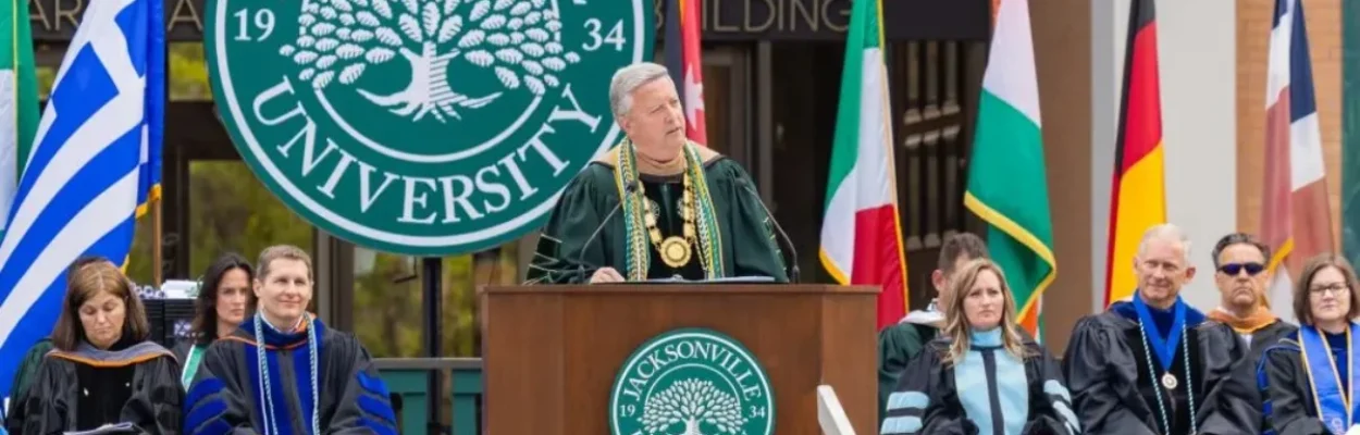 JU President Tim Cost speaks at commencement in May 2025.