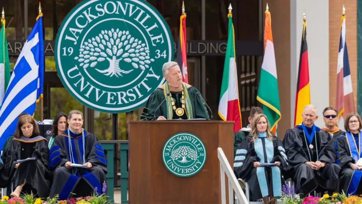JU President Tim Cost speaks at commencement in May 2025.