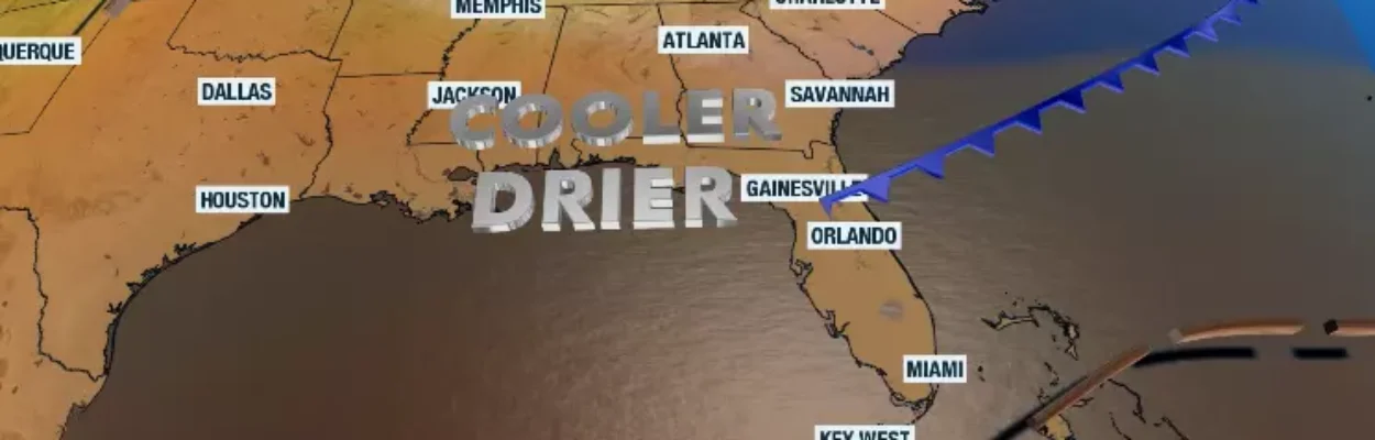 Map showing a front, which will bring rain and cooler temperatures