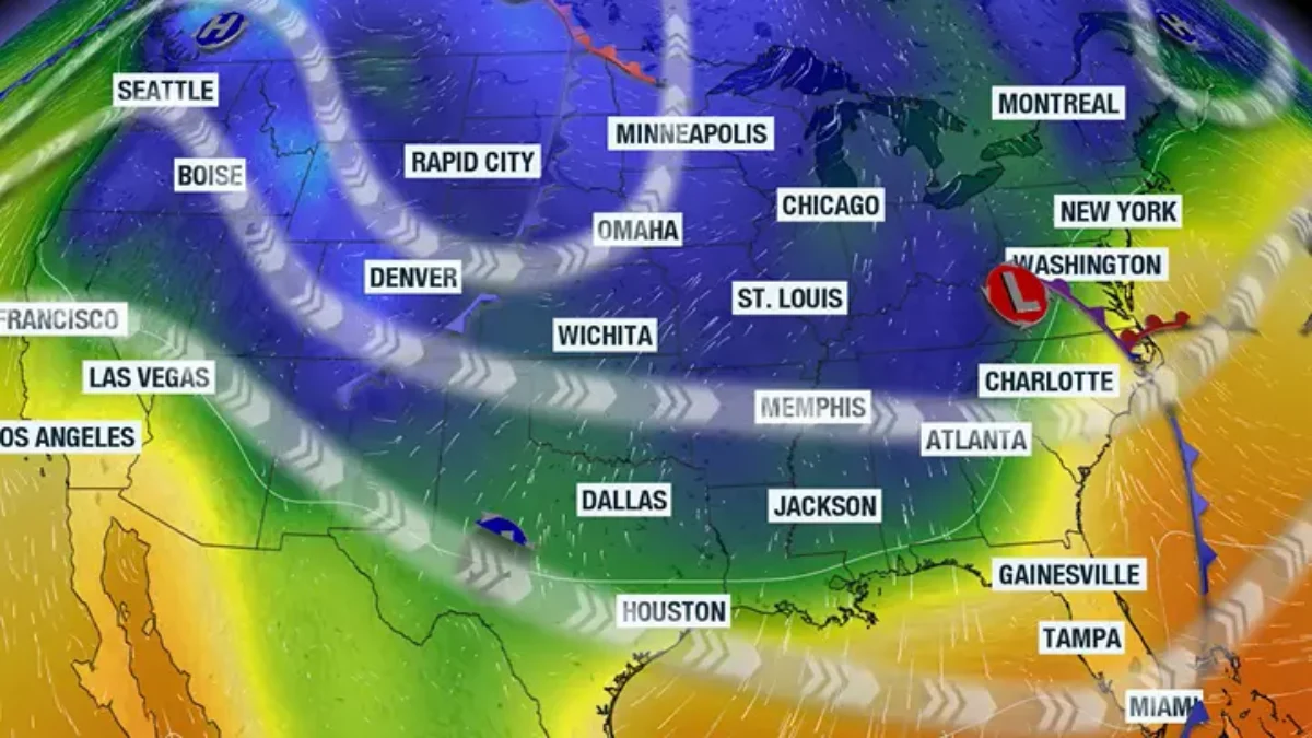 Map showing cold weather Thursday.