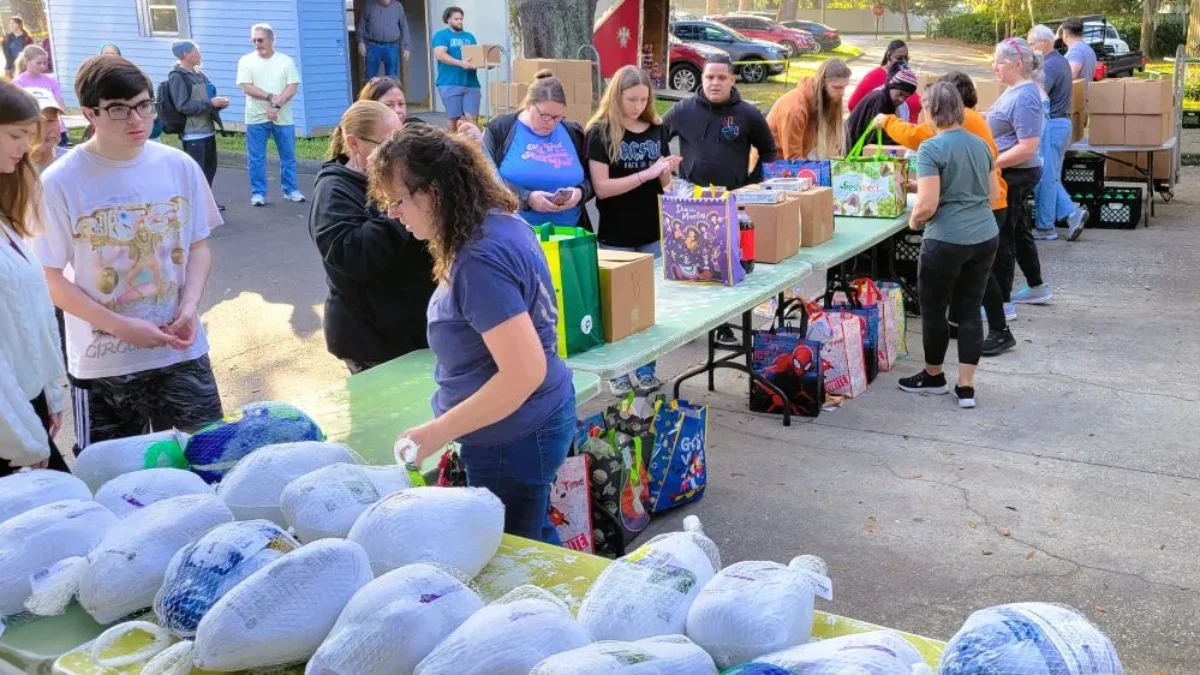 Food awaiting pickup at Mandarin Food Bank Thanksgiving giveaway