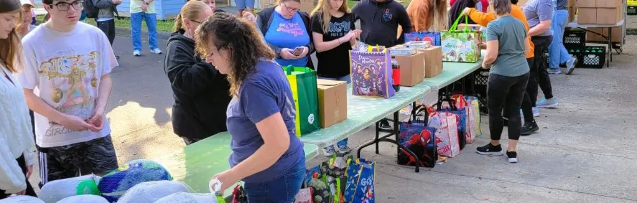 Food awaiting pickup at Mandarin Food Bank Thanksgiving giveaway