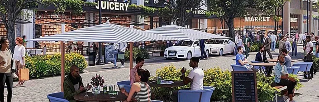 An illustration of people dining outside in the planned Gateway Jax development.