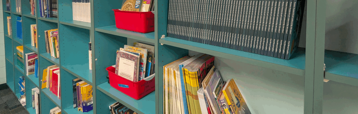 Library shelves at Long Branch Elementary