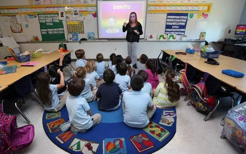 A classroom with students on vouchers