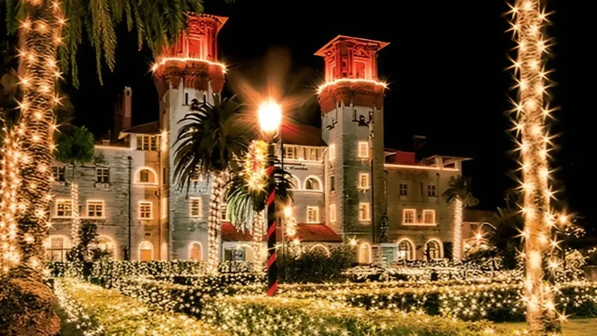 St. Augustine's marquee Hotel Alcazar building glitters during Nights of Lights