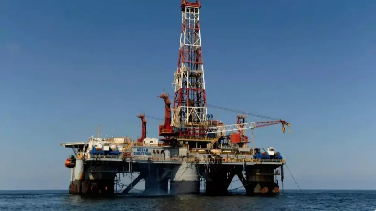 An oil drilling derrick in the Gulf of Mexico.