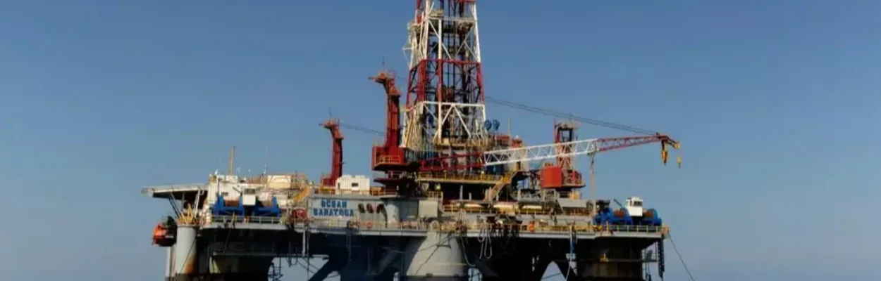 An oil drilling derrick in the Gulf of Mexico.