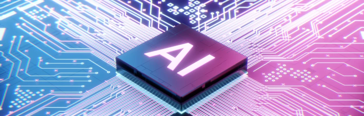 An AI microprocessor is shown on a motherboard computer circuit.