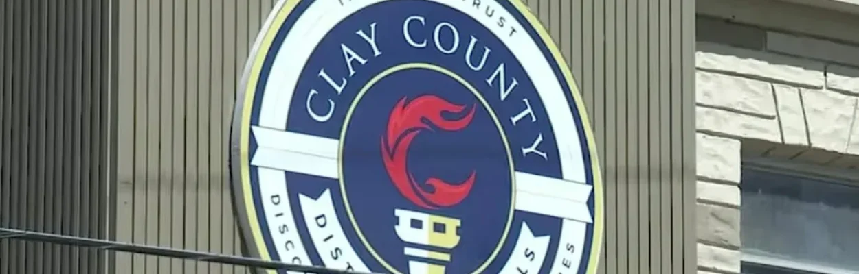 A Clay County school district emblem hangs on a building