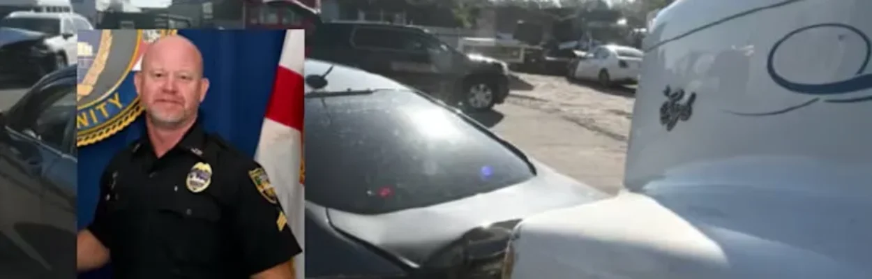 Portrait of sheriff's lieutenant Marc Crawford and the vehicles involved in the crash