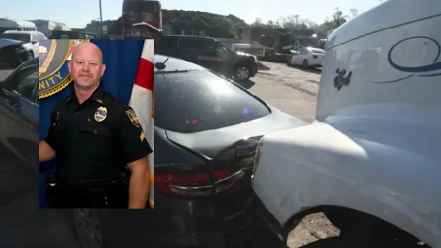 Portrait of sheriff's lieutenant Marc Crawford and the vehicles involved in the crash