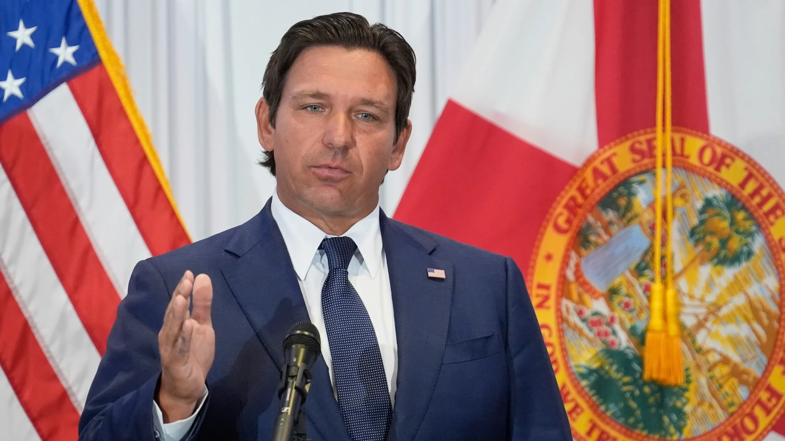 Florida Gov. Ron DeSantis speaks during a news conference Aug. 12, 2025, in Tampa.