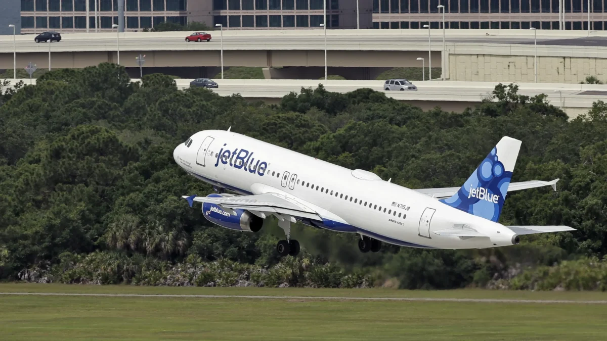 A JetBlue Airways plane takes off from the Tampa International Airport in Tampa.