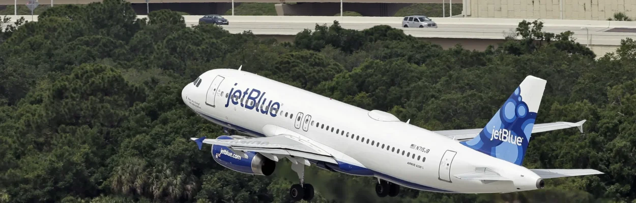 A JetBlue Airways plane takes off from the Tampa International Airport in Tampa.