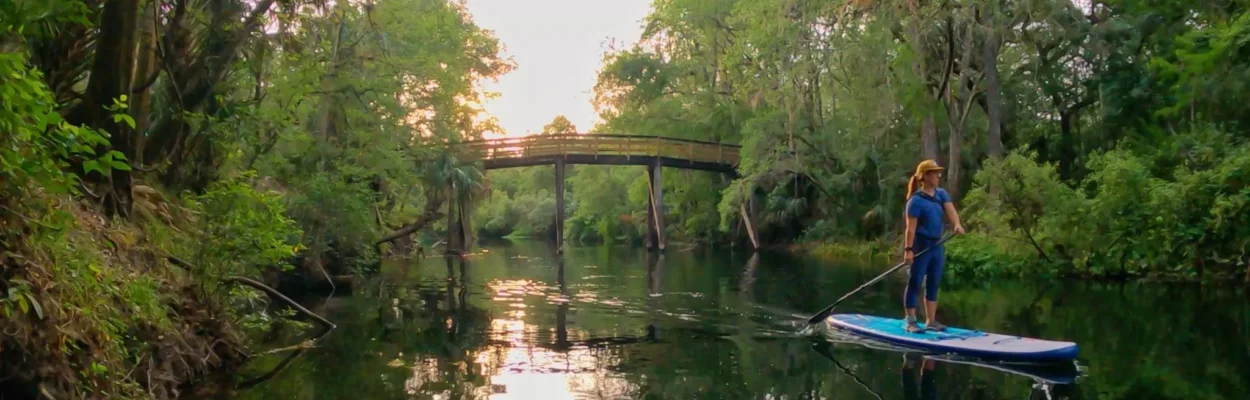 Woman paddleboarding on a river in one of Florida's state parks.