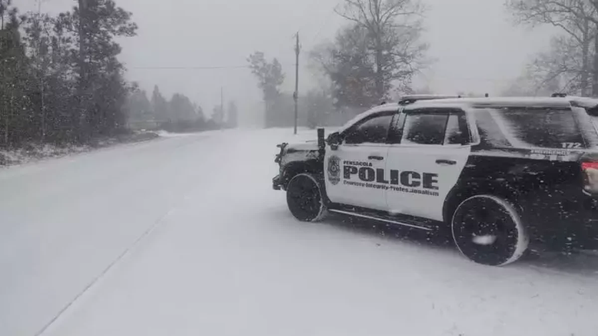 A Pensacola police car sits in the snow last winter.