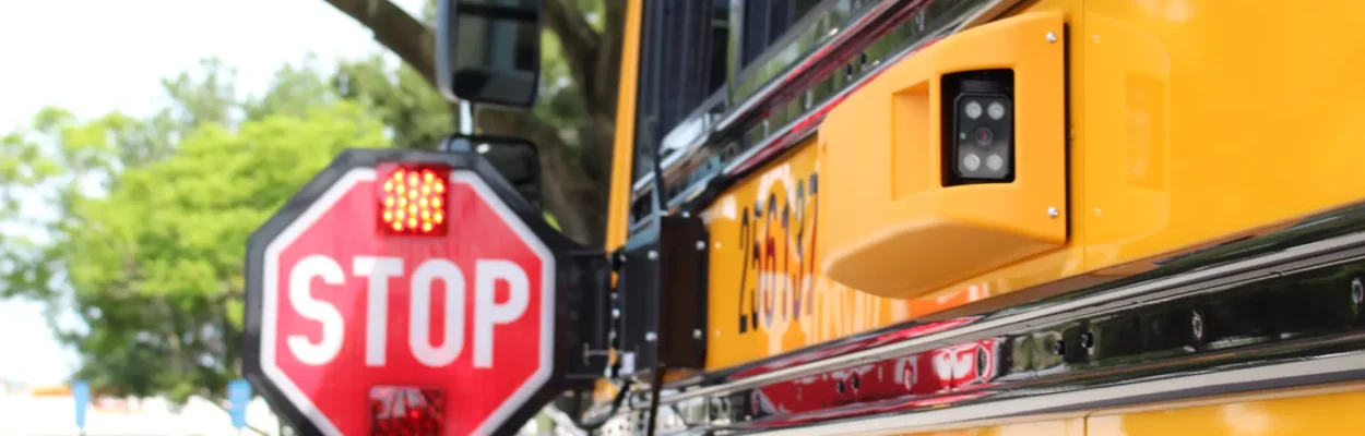 Closeup of stop sign on school bus.