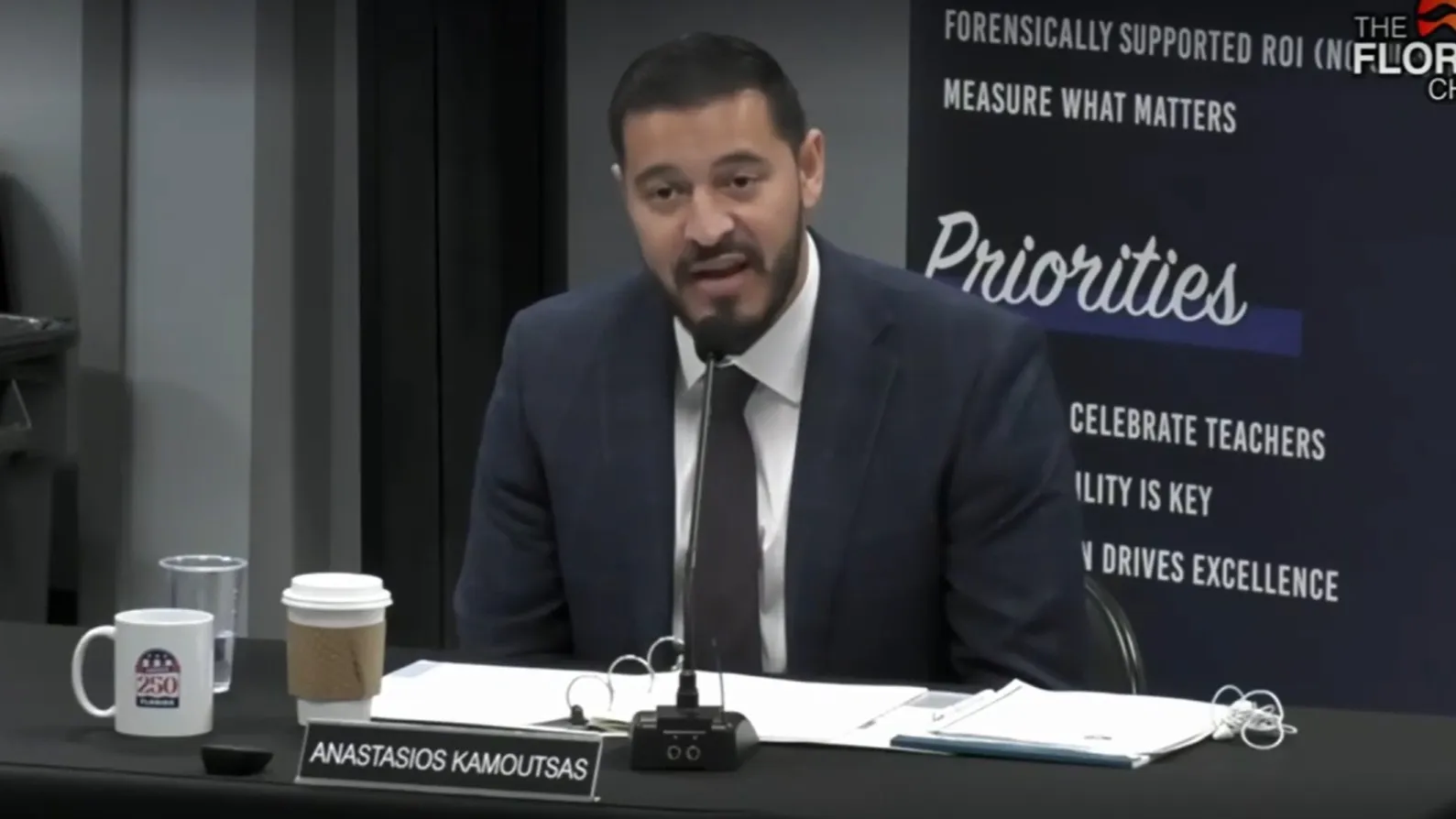 Florida Education Commissioner Anastasios Kamoutsas speaks about the racial comments of a Clay County School Board member.