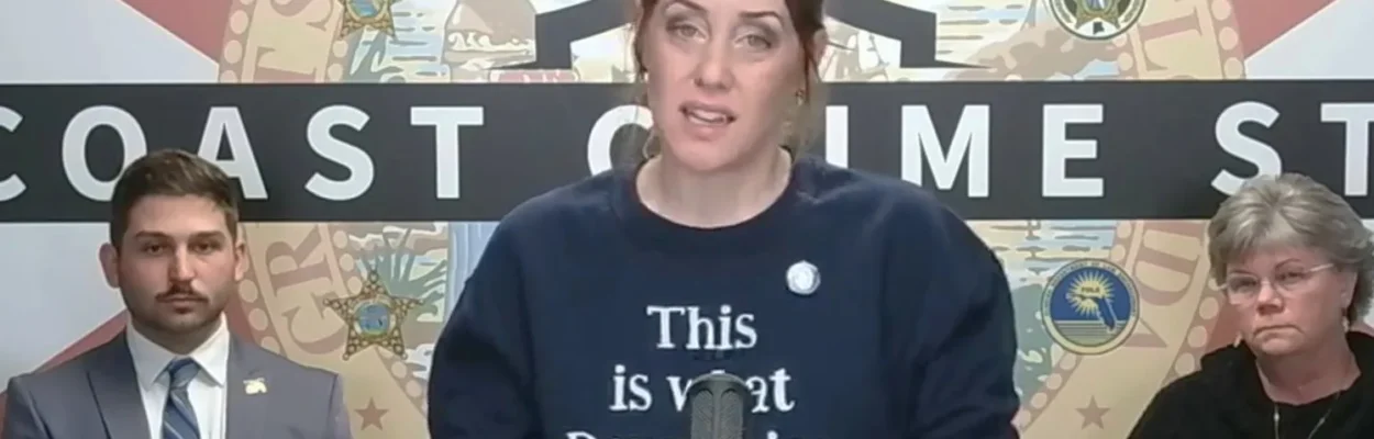 Casie Ellison, daughter of a murder victim, stands at a lectern speaking about the cold case.