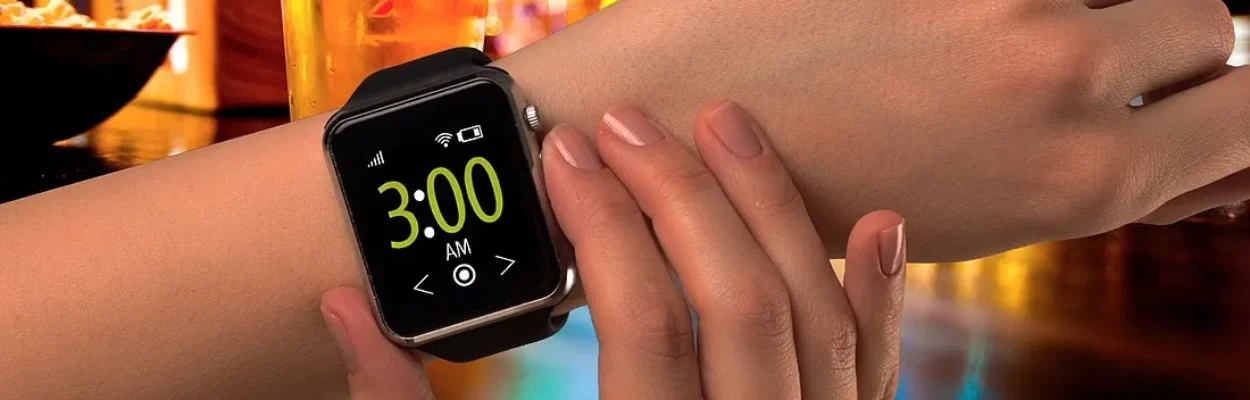 Apple watch showing 3 a.m. in a bar.