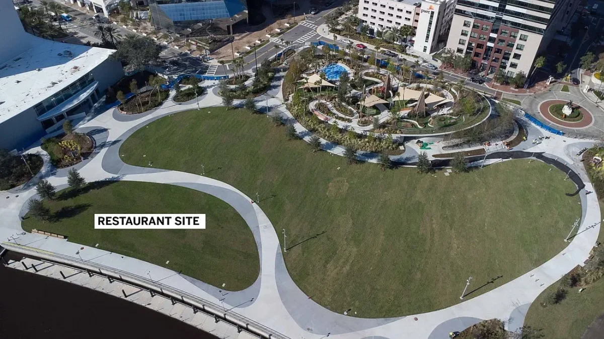 Overhead view of Riverfront Plaza showing restaurant site.