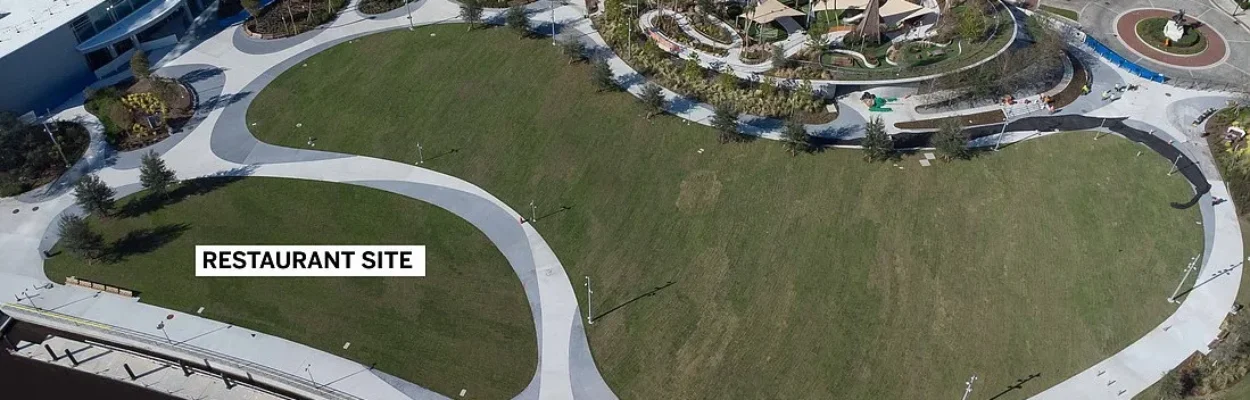 Overhead view of Riverfront Plaza showing restaurant site.