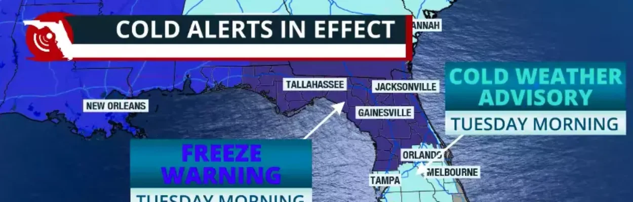 Map showing cold advisories
