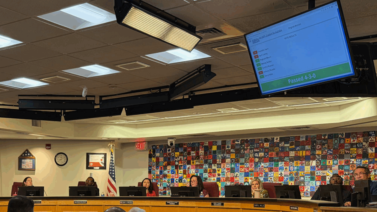 Board members wait to see the results of the Schools of Hope vote appear on a screen.