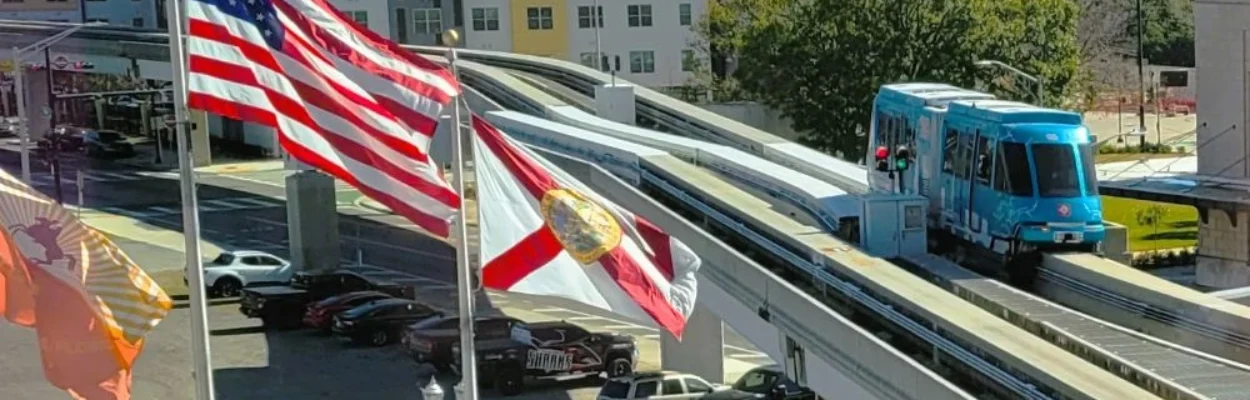 A Skyway train on the elevated track.