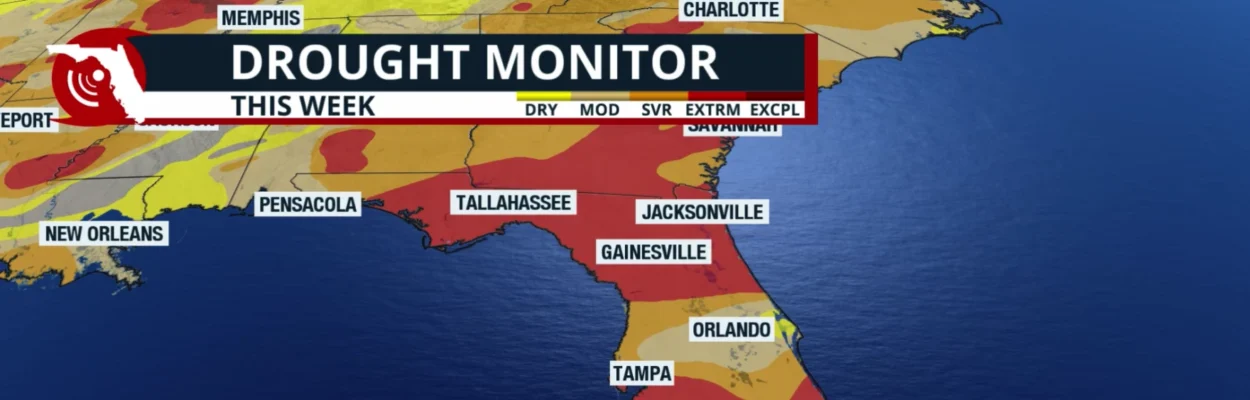 The Drought Monitor map, showing the severity of drought around Florida.