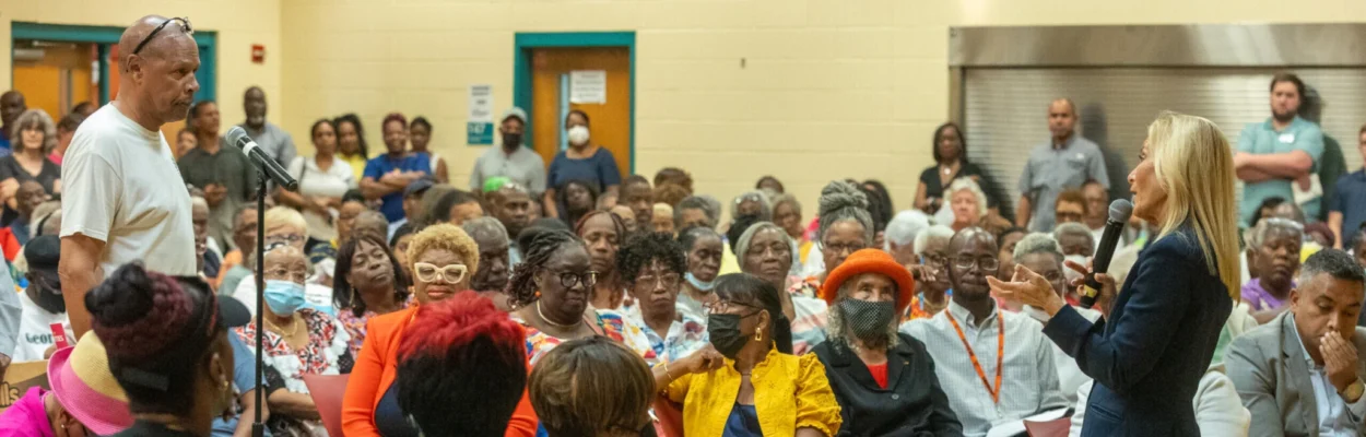 A town hall meeting in August 2023.