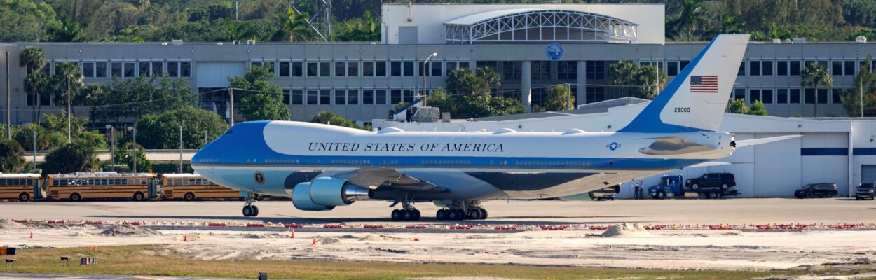 Air Force One with President Donald Trump on board departs from Palm Beach International Airport