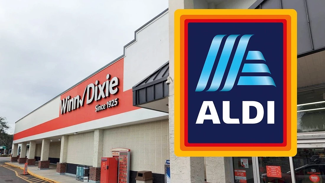 A Winn-Dixie store with an Aldi logo superimposed over it.