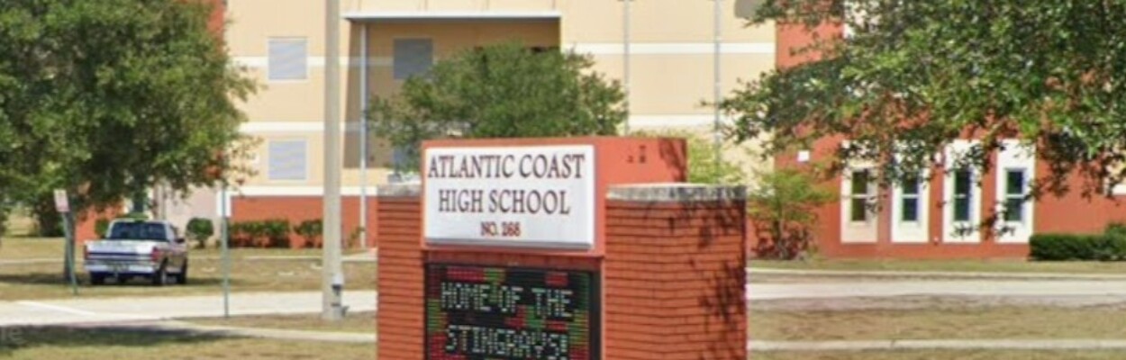 The sign for Atlantic Coast High School, one of three schools where an accused school police officer worked.