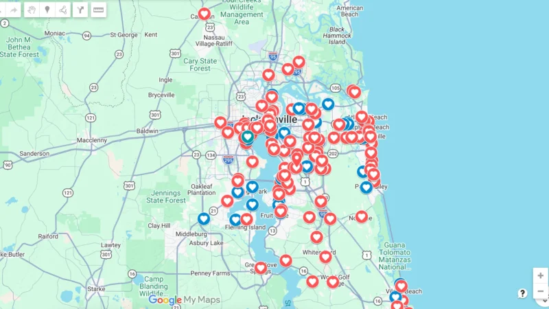 Google Map with pins for locations of readers' favorite restaurants