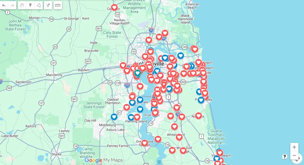 Google Map with pins for locations of readers' favorite restaurants