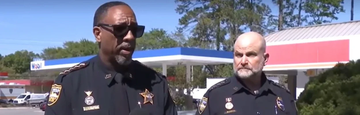 Sheriff T.K. Waters and Undersheriff Shawn Coarsey on the street, where police shot a man with a gun.