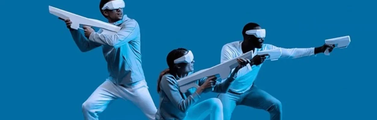 Three players using Sandbox virtual reality headsets and accessories.