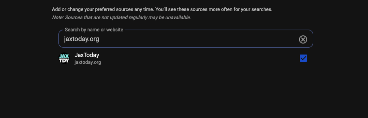 Screenshot of the 'Source preferences' screen showing a search field filled with jaxtoday.org and a checked result for Jacksonville Today
