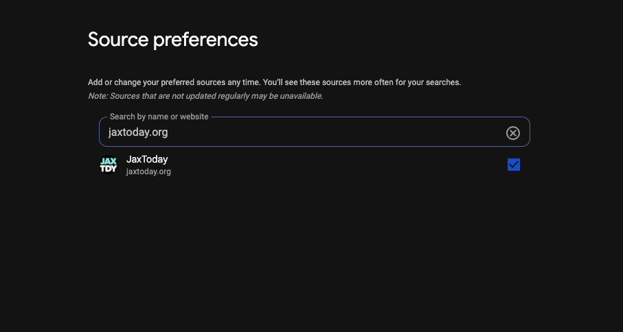 Screenshot of the 'Source preferences' screen showing a search field filled with jaxtoday.org and a checked result for Jacksonville Today