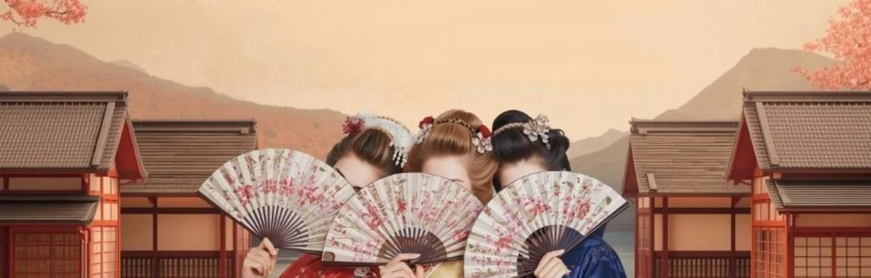Three performers in The Mikado hold fans over their faces