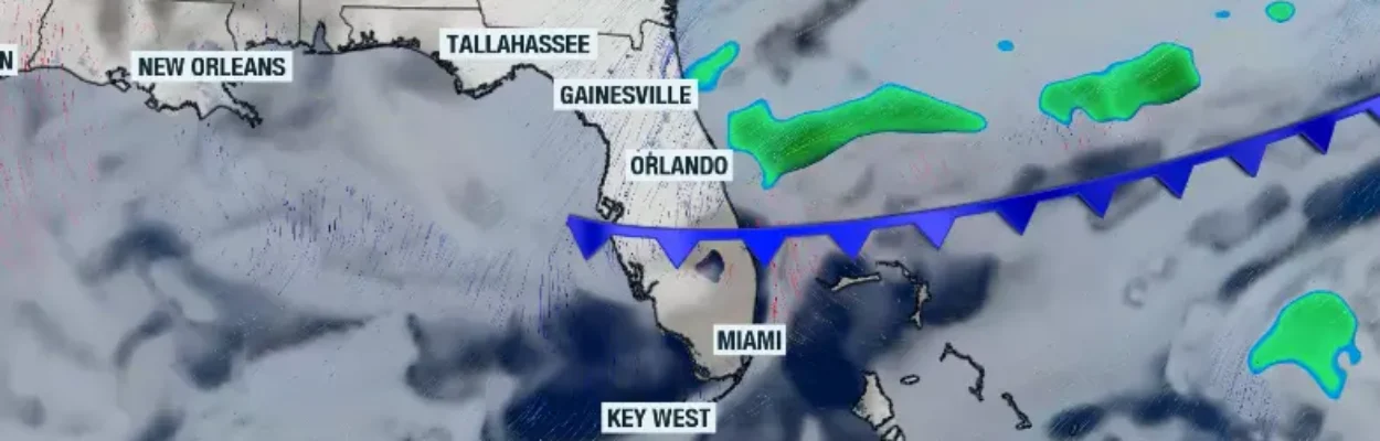 Map showing the cold front splitting Florida.