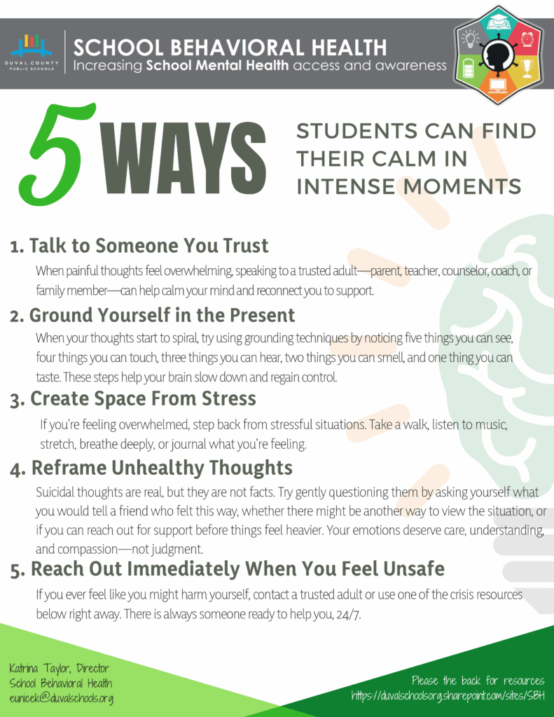 Duval Schools shared five ways students can remain calm in intense moments.