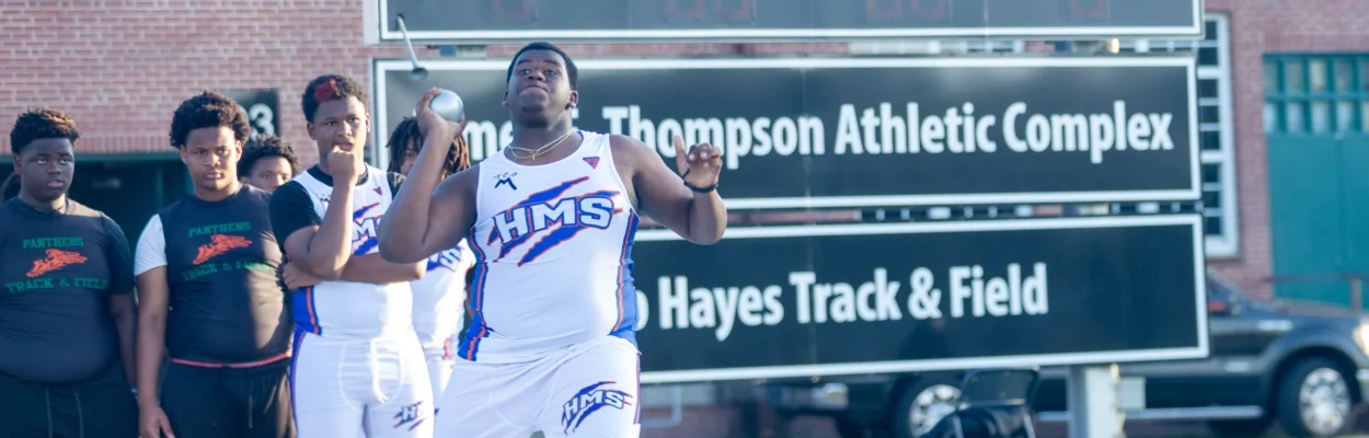 Highlands Middle School student Xavier Howard competes on the Bob Hayes Track and Field at Matthew Gilbert Middle School.