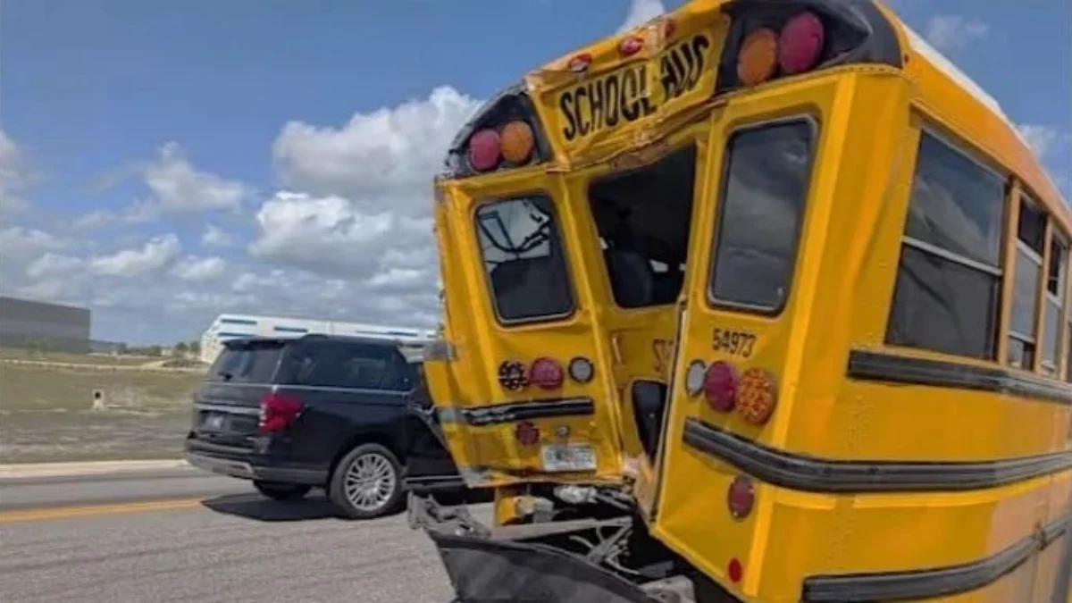 The crumpled rear end of a school bus.